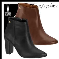 Bota Cano Curto Vizzano Feminina Bico Fino Salto Alto Grosso Zíper Napa Confortável Elegante