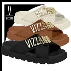 Sandália Papete Vizzano Slide Flatform Tratorada Tiras X Logo Dourado Feminina Casual Original