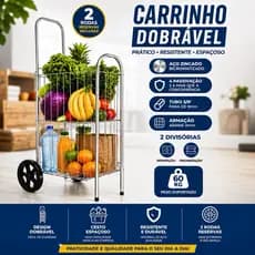 Carrinho De Feira Prata Dobrável C/ Divisórias Super Resistente Para Compras + 2 Rodas Reservas 60kg