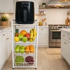 Fruteira De Chão Aço Branca Preta 3 Cestos Removível Premium Tampo Metal Cozinha Texturizada