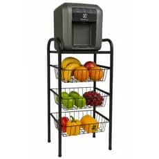 Fruteira De Chão Aço Preta 3 Cestos Removível Premium Tampo Metal Cozinha Texturizada