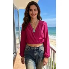 Raw Roupas blusa com decote em V com elástico manga longa