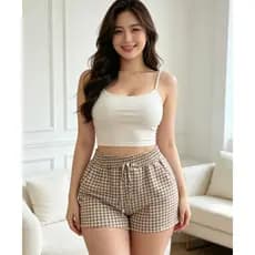 Shorts Feminino Xadrez Pied-de-Poule Cintura Alta com Cordão