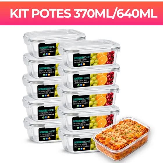 Kit 10 ou 5 Potes de Vidro 370ml/640ml Hermético Marmita Fit com Tampa 4 Travas