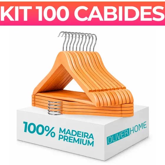 Kit 100 Cabides De Madeira Premium Marfim Para Roupas Calça Gancho Cromado