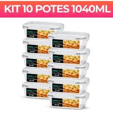 Conjunto Com 10 Potes Vidro 1040ml Hermético Marmita 4 Trava