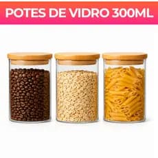 Kit potes de vidro com tampa de bambu herméticos para mantimentos empilháveis 300ml