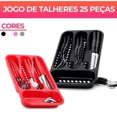 Jogo De Talheres inox Faqueiro Porta Talher Com 25 Peças Preto Branco E Rosa