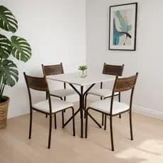 Conjunto Jogo Mesa Cozinha 4 Cadeiras Jantar Para Apartamento Pequeno Tubular Junco Fibra Sintética