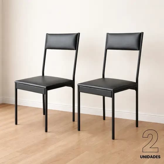 Kit Jogo 2 Cadeiras Aço Carbono Reforçado Assento Estofado Corino Preto Cozinha Copa Sala de Jantar