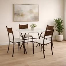 Conjunto Jogo Mesa Retangular 4 Cadeiras Aço Junco Estofadas Cozinha Sala Jantar Pequena Compacta