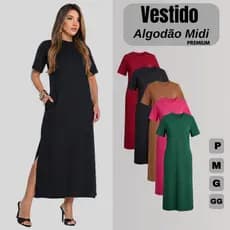 Vestido Midi Malha Algodao de Manguinha Casual Basico Evangelico