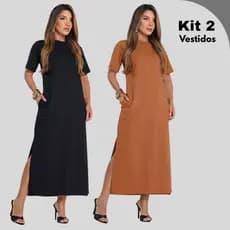 Kit 2 Vestidos Midi Basico Malha Algodão de Manguinha