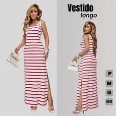 Vestido Malha Viscolaycra Listrado Midi Sem Manga