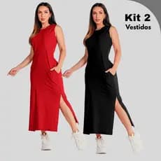 Kit 2 Vestidos Midi Casual Malha Algodão
