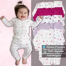 Kit 5 Conjuntos Body + Calça (3 Estampados e 2 Lisos) Premium Bebê Pagão Canelado Longo 100% Algodão