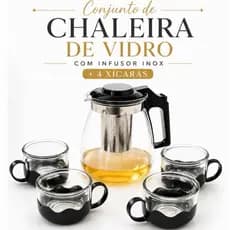 Conjunto Chaleira Jarra Bule Com Infusor 1Litro Com 4 Xícaras De Vidro Plastico Chá