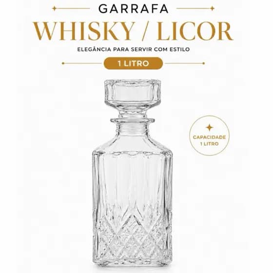 Garrafa Vidro 1L Whisky Licor Transparente Decoração Bar Whiskey Uísque