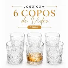 Jogo 6 Copos Whisky Drink Vidro 230ml Bebidas Bar Uísque Licor Resistente Luxo