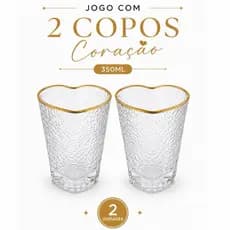 Copo de Vidro 350ml Jogo 2 Unidades Coração Borda Dourada Elegante Suco Água Drink