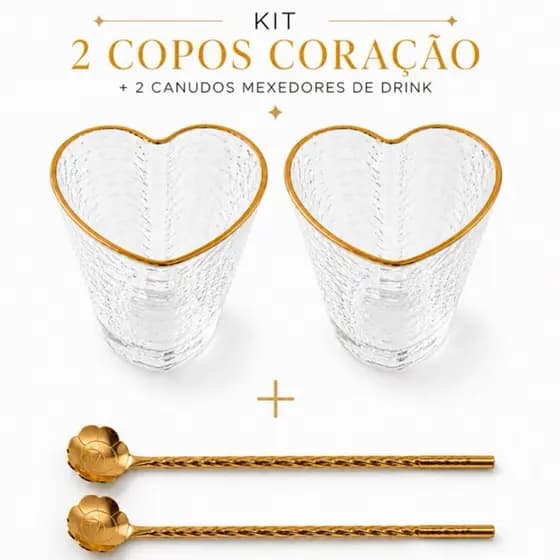 Kit 2 Copos Coração de Vidro 350ml Borda Dourada + 2 Canudos Mexedores Inox