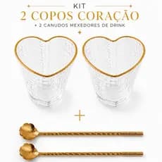 Kit 2 Copos Coração de Vidro 350ml Borda Dourada + 2 Canudos Mexedores Inox