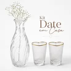 Kit Vaso De Vidro Decorativo + 2 Copos De Vidro 350ml Coração Borda Dourada Date Em Casa Mesa Posta Romântica