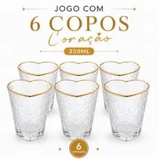 Copo de Vidro Coração 350ml Jogo com 6 Unidades Vidro Borda Dourada Copo Estético Drink Milkshake Luxo