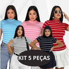 KIT 5 Blusa Básica Listrada Ribana Canelado Premium Casual Moda Gringa Basico Camiseta T-Shirt