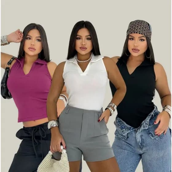 Regata Canelada Camisa Gola Polo Blusa Básica Feminina Liso Camiseta Casual Moderna Tendência