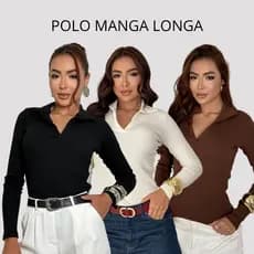 Blusa Feminina Canelada Manga Longa Gola Polo Básica Inverno ribana canelada Casual Look Trabalho