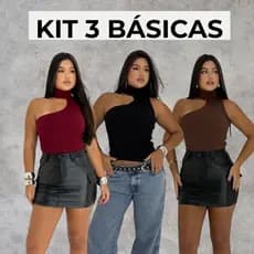 KIT 3 CAMISETA FEMININA BLUSA GOLA ALTA CASUAL DETALHE PESCOÇO BÁSICA MODERNA DIA A DIA LISA