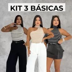 KIT 3 BLUSA FEMININA GOLA ALTA REGATA ASSIMETRICA LISTRADA BASICO CASUAL MODA GRINGA VERÃO OUTONO
