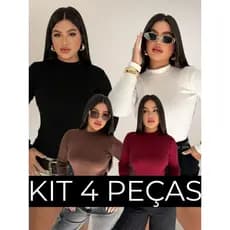 KIT 4 BLUSAS FEMININA OUTONO INVERNO MANGA LONGA CACHARREL GOLA ALTA RIBANA CANELADA