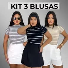 KIT 3 Blusa Básica Listrada Ribana Canelado Premium Casual Moda Gringa Basico Camiseta Slim Trabalho