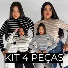 KIT 4 Blusa Feminina Cacharrel Manga Longa Gola Alta Listrada Inverno Moda Basica Casual Trabalho