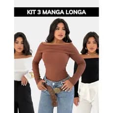 KIT COM 3 BLUSAS FEMININA MANGA LONGA BABADO OMBRO RIBANA
