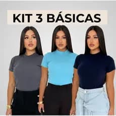 kit 3 Blusa Básica Ribana Canelado Lisas Premium Casual Moda Gringa Basico Camiseta T-Shirt dia adia