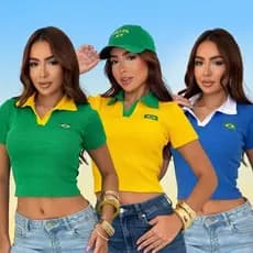 Cropped Polo Blusa Baby Look Brasil Core Tendência Essencial Casual Básica Copa Mundo