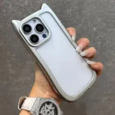 Divertido Desenho De Orelha De Gato Placa De Design Silver Metal Transparente TPU À Prova De Choque Capa Protetora Completa Para iPhone 15 14 13 12 11 Pro Max Plus XR X/XS XSMAX 7/8/SE 2020 Da Caixa