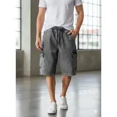 Bermuda Jeans Masculina Cargo com Elástico e Bolsos Laterais