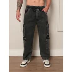 Modelo Novo  Calça Cargo Masculina Jeans Preto Lavado Estonado Original  Reta Solta 8 Bolsas