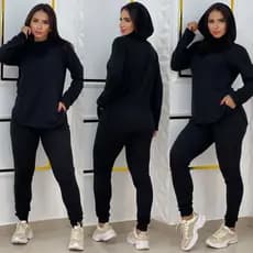 Conjunto Capuz Touca Feminino de Frio Inverno Tecido Lanzinha 2 Peças Calça e Blusa Manga Longa
