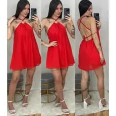Vestido Macaquinho Curto Soltinho Fluído Rodado Costa Nua Decote Com Amarração na Argola no Tecido Crepinho