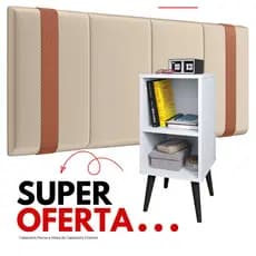 Kit Casal 1 Mesa de Cacebeira e 1 Cabeceira 1.40 Casal Mozão Quarto Bege com Branco