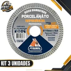 Kit 3 unidades Disco Porcelanato Referencia furo 20mm Corte 45° Ultra Fino 115mm