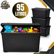 Kit 4 Unidades Caixa Organizadora 95 Litros Preta Com Rodinhas e Trava Para Transporte HeavyBox
