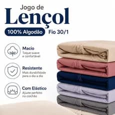 Jogo De Lençol 100% Algodão Fio 30/01 Premium Com Elástico Tecido Liso Não Desbota Várias Cores