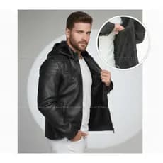 Jaqueta de Couro Sintetico Masculina Forrada Motoqueiro Com Capuz Removivel