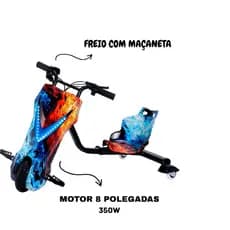 Triciclo de Drift Elétrico 8 Polegadas 350w Com Bluetooth Alto falante LED 3 Velocidade e Freio Com Maçaneta